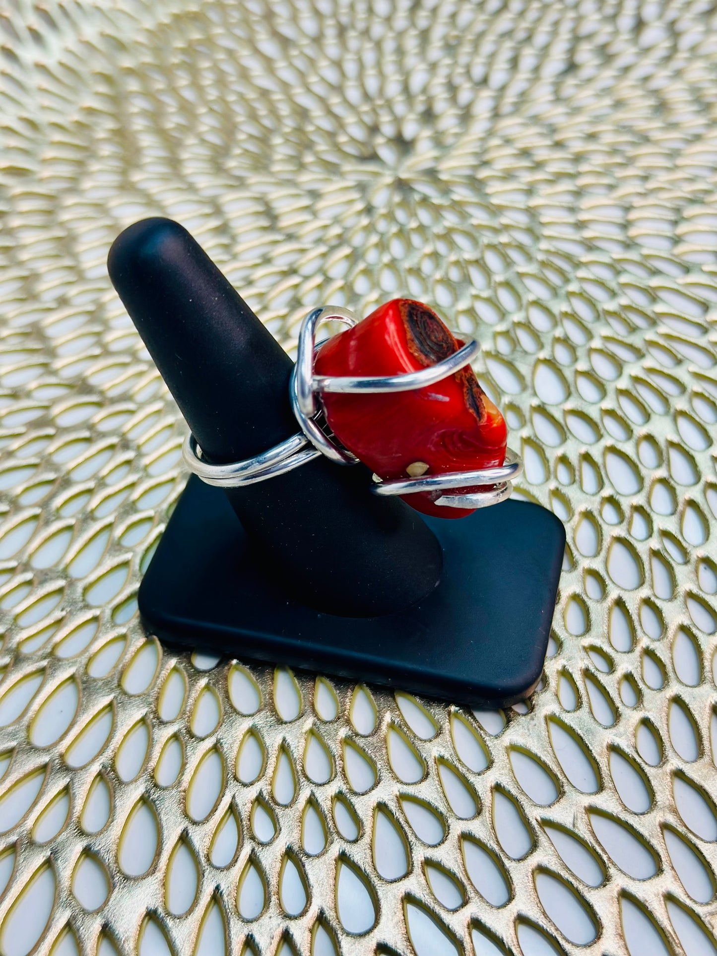 Coral Gemstone Ring - Size 7.5