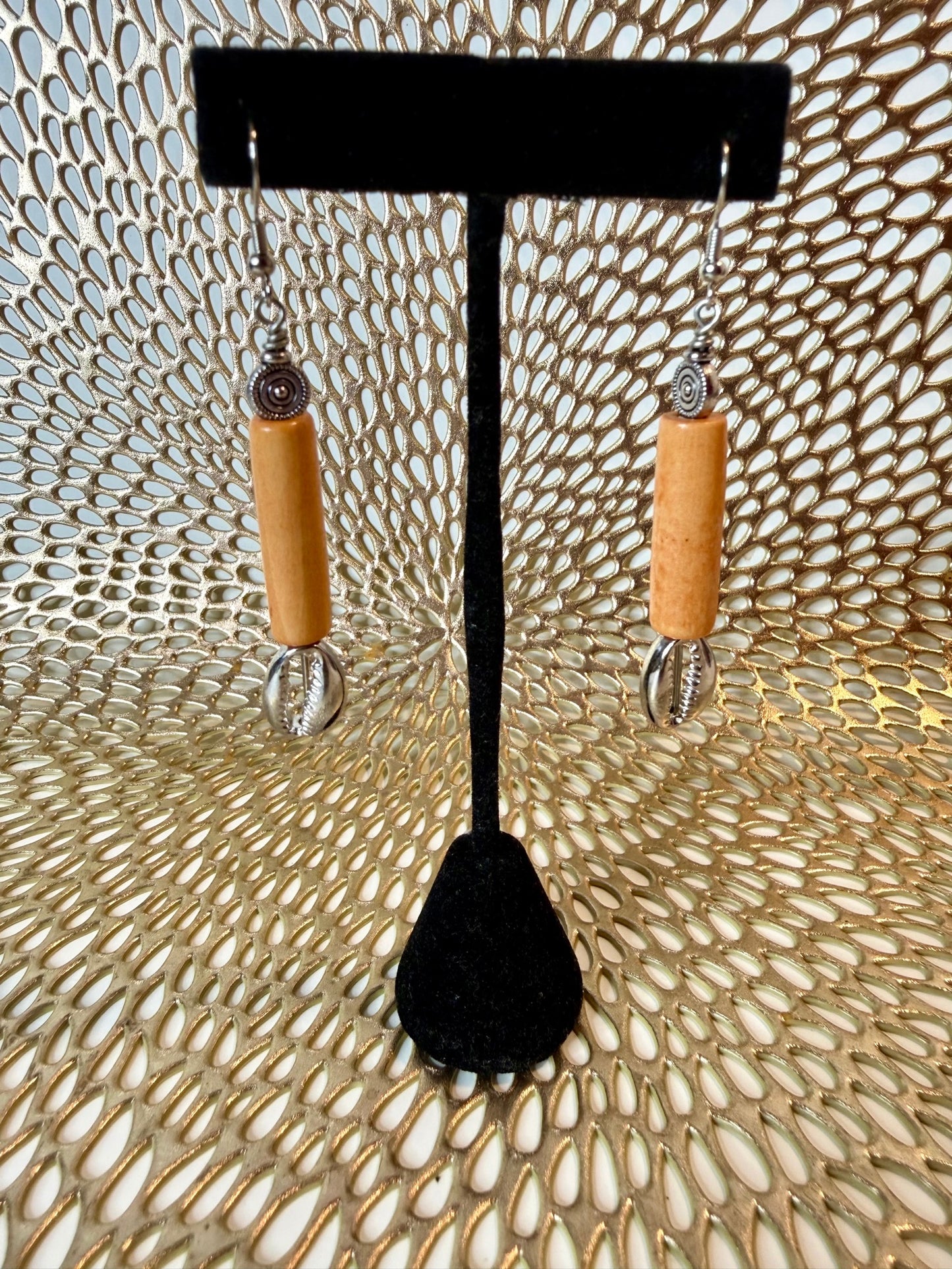 Natural Wood & Cowrie Shell Drop Earrings