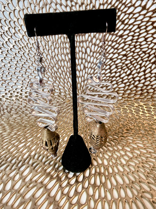 Brass African Bead Spiral Statement Earrings