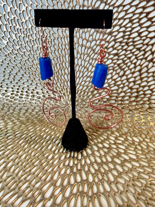 Copper-Plated Swirl Earrings with Blue Bead